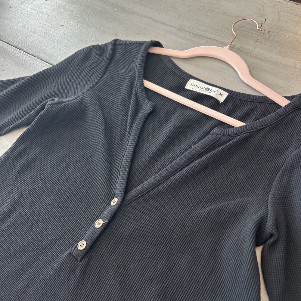 Natural Life Black Easy Street Mini Dress Size M Henley Waffle Knit Minimalist - Picture 4 of 7